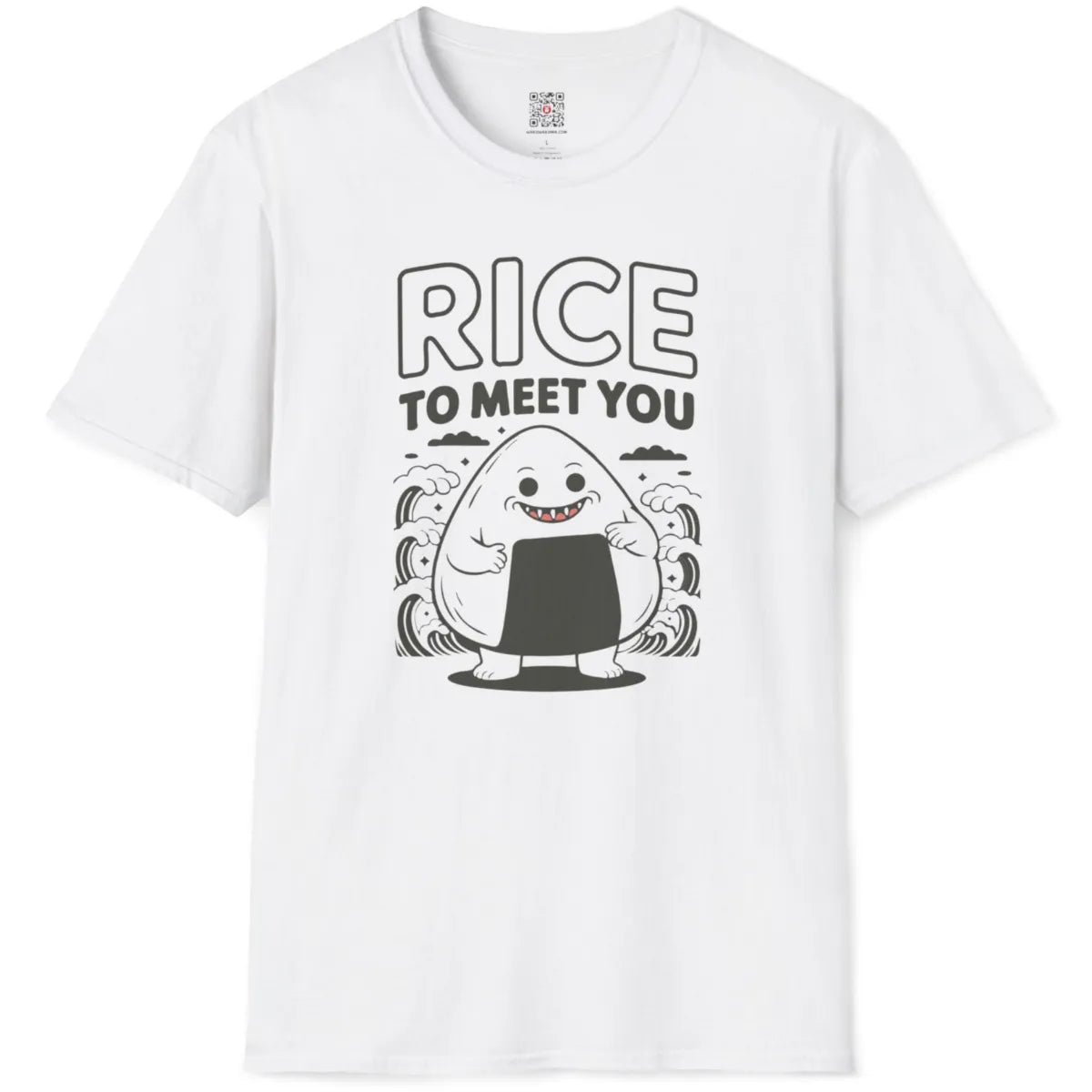 White t-shirt flatlay showing kawaii onigiri character with arms, feet, and pun text on a wave-patterned backdrop.