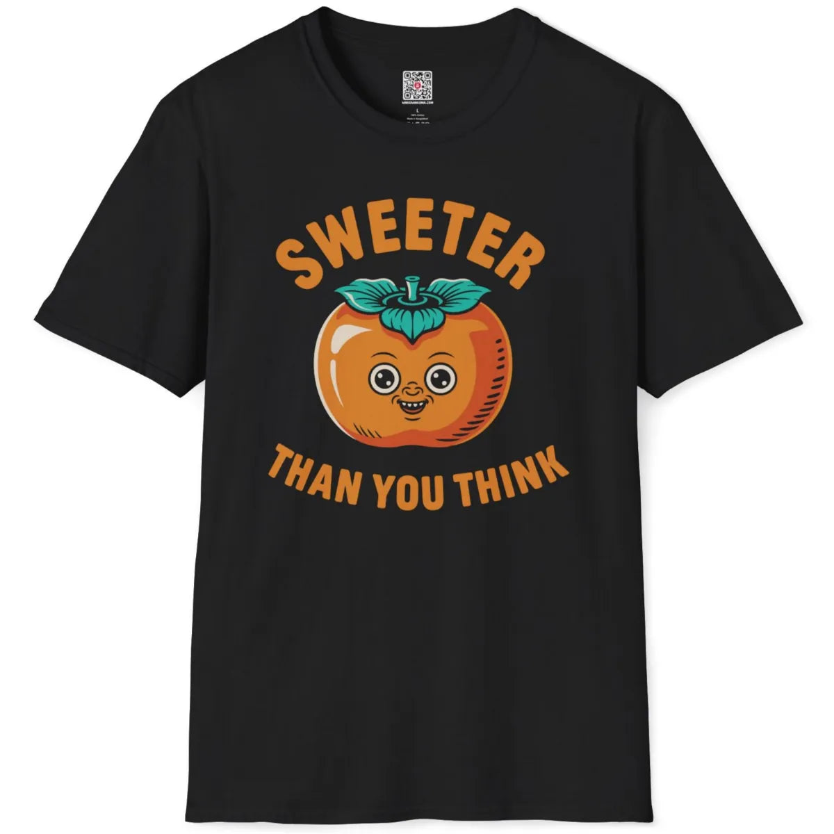 Black flatlay shirt with retro persimmon face design, bright orange and teal colors, playful and vintage.