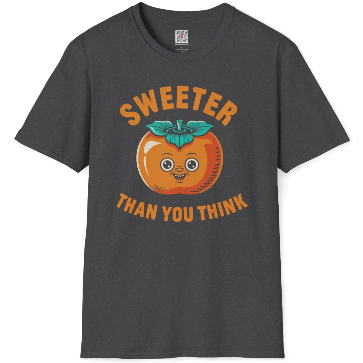 Dark heather shirt flatlay with playful vintage persimmon illustration, orange fruit with teal leaves, bold text.