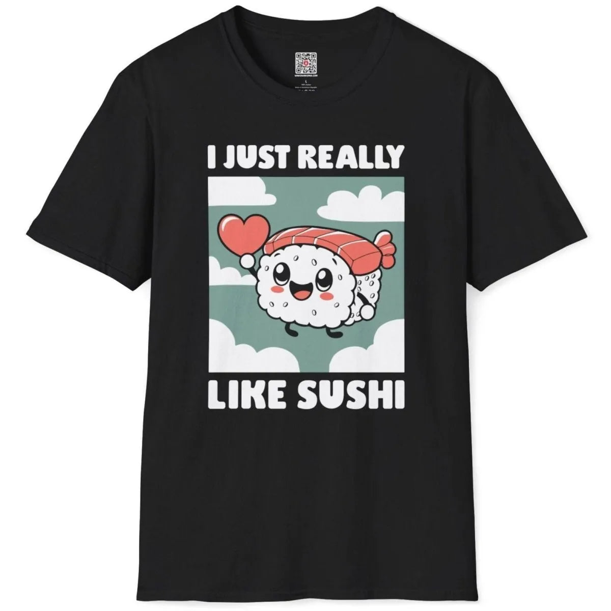 Flatlay black t-shirt with kawaii sushi, pink salmon, heart, and playful text, sushi shirt, whimsical illustration.