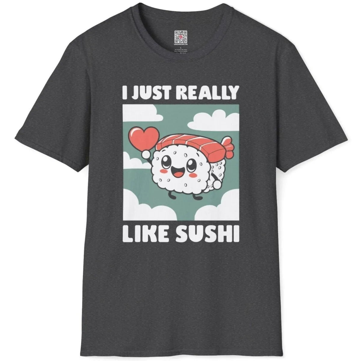 Flatlay dark heather t-shirt with kawaii sushi, heart, and clouds, sushi t-shirt, soft aesthetics, kawaii clothes.