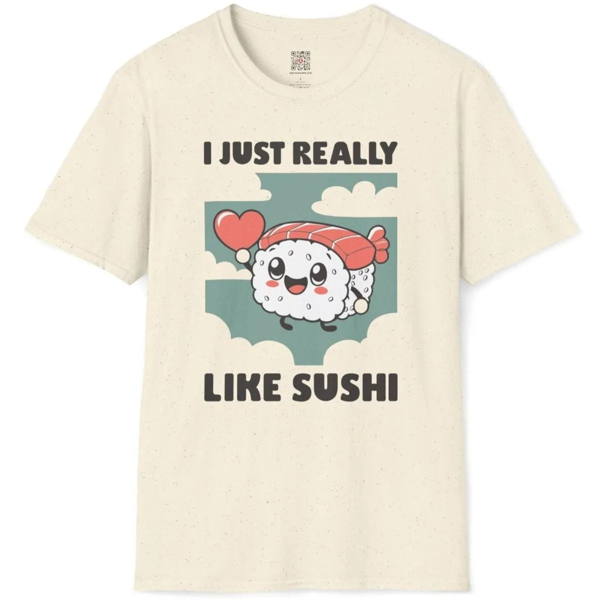 Flatlay natural t-shirt with kawaii sushi, salmon, and heart art, sushi shirt, positive messaging.