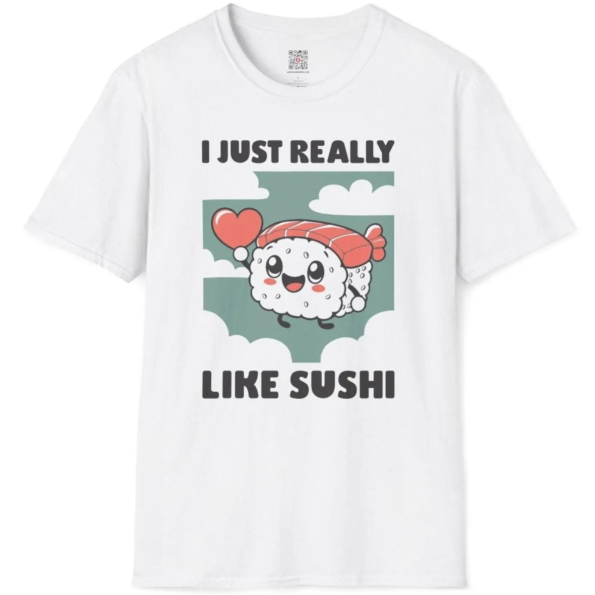 Flatlay white t-shirt with kawaii sushi, rosy cheeks, and “LIKE SUSHI” text, japanese t-shirts, pastel aesthetics.