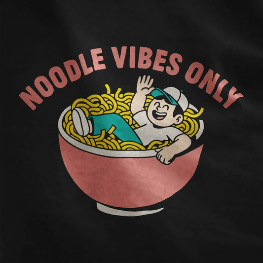 Close-up of joyful ramen bowl design with smiling person and yellow noodles on black fabric.
