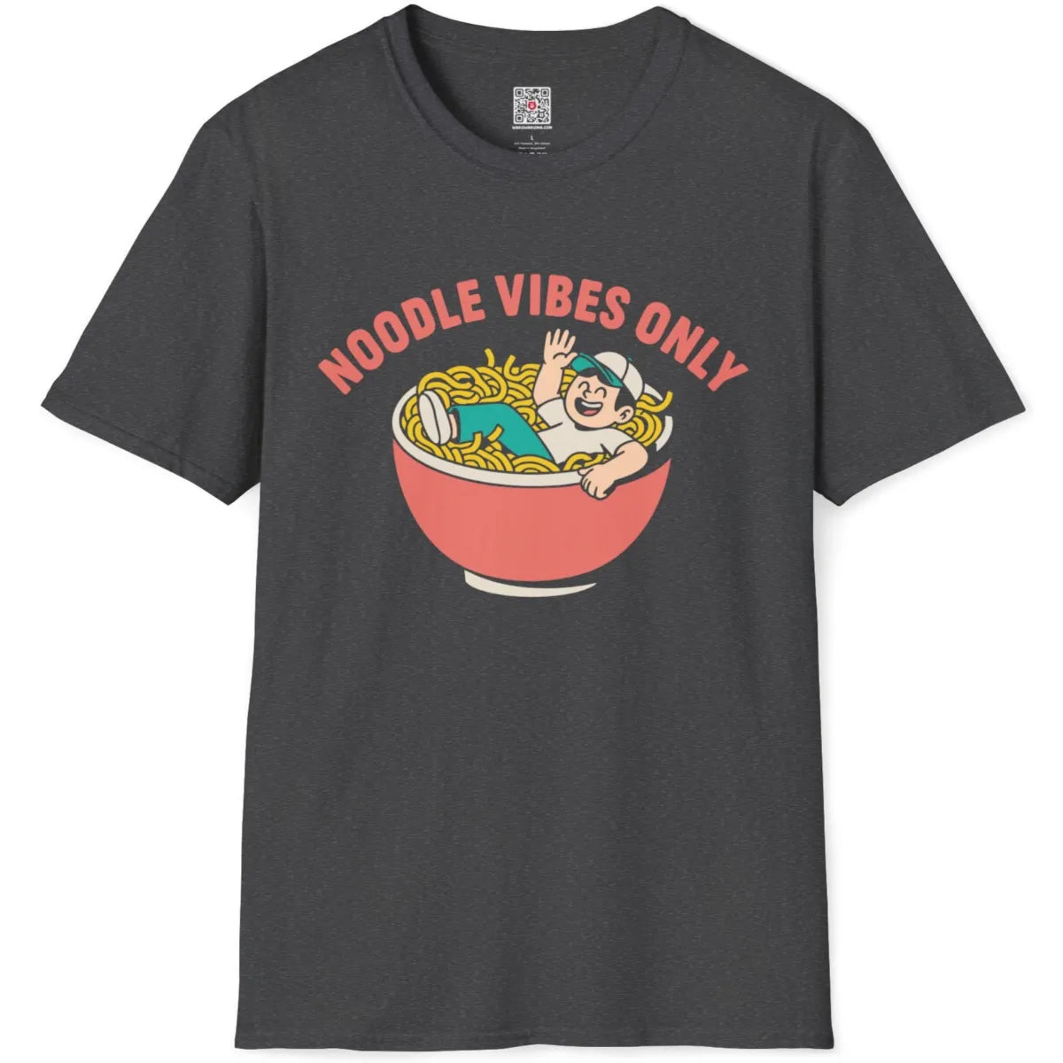 Dark heather tee flatlay with cartoon-style ramen bowl design and smiling figure inside noodles.