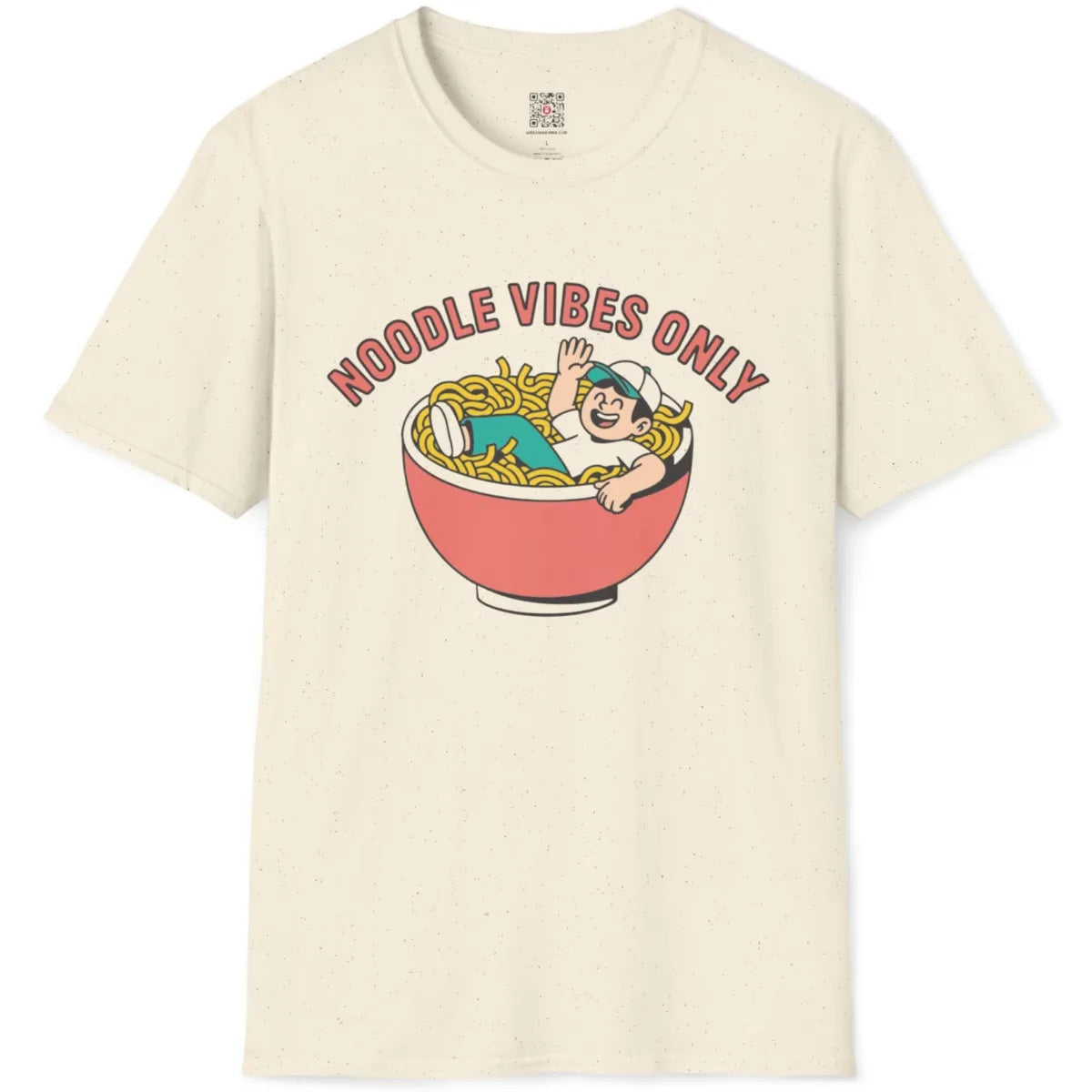 Natural fabric tee flatlay displaying playful ramen illustration with wave and joyful vibes.