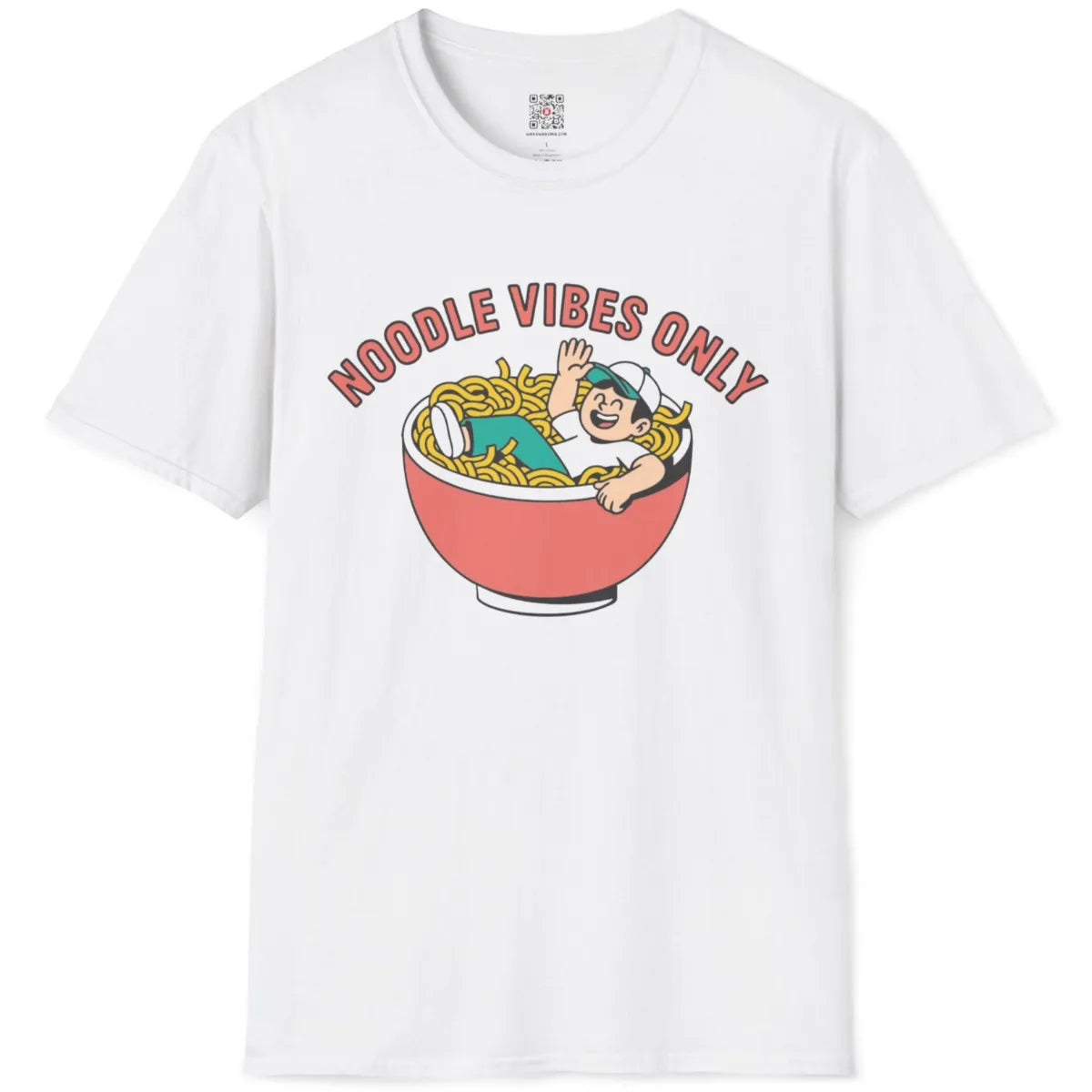 White t-shirt flatlay featuring bubbly cartoon ramen bowl with happy person, bright colors.