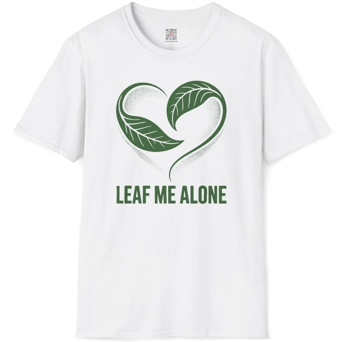 White t-shirt flatlay highlights leafy heart graphic above playful phrase, balance symmetry, understated style.