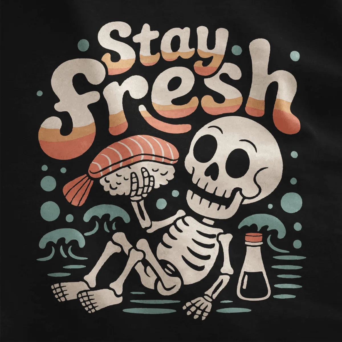 Playful skeleton lounging with salmon sushi and soy sauce on black shirt, sushi culture, vintage aesthetic.