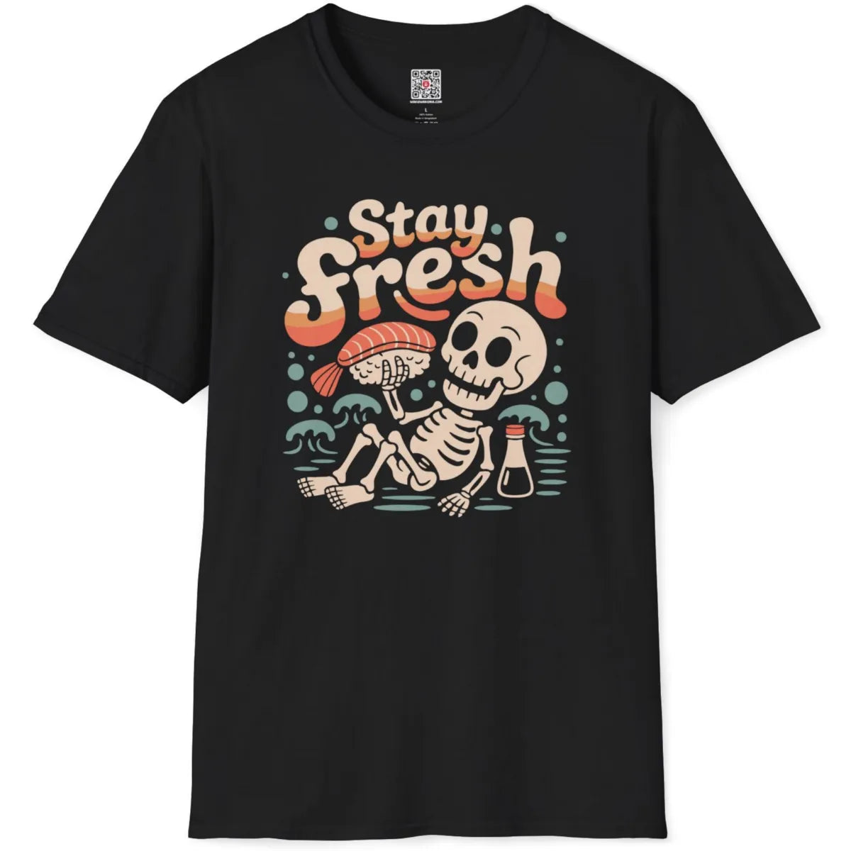 Cartoon skeleton with sushi and soy sauce on black flatlay, kawaii sushi, graphic shirt.