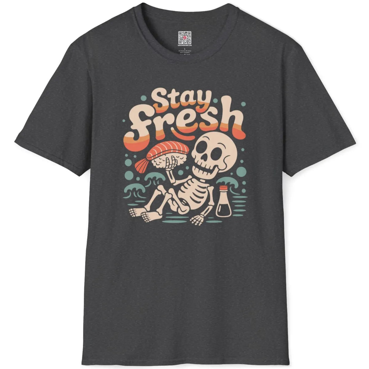 Dark heather shirt with skeleton lounging and holding sushi, ocean wave pattern, retro-futurism.