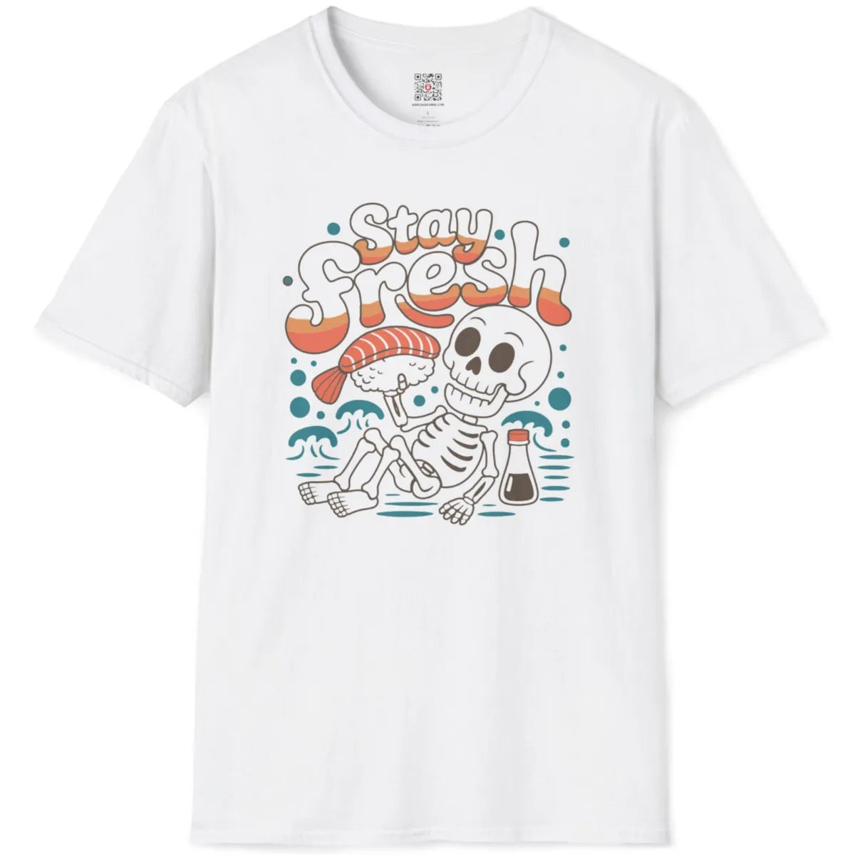 White flatlay with retro "Stay Fresh" and reclining skeleton holding sushi, sushi t-shirt, calming colors.