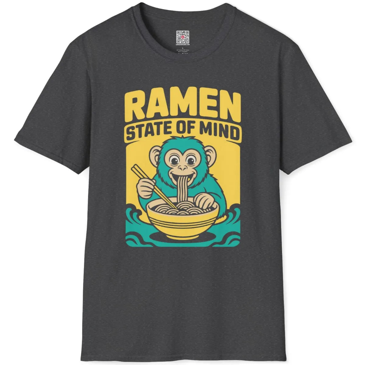 Playful teal monkey and orange ramen bowl, dark heather t-shirt flatlay, noodle shirt, funny shirts with sayings.