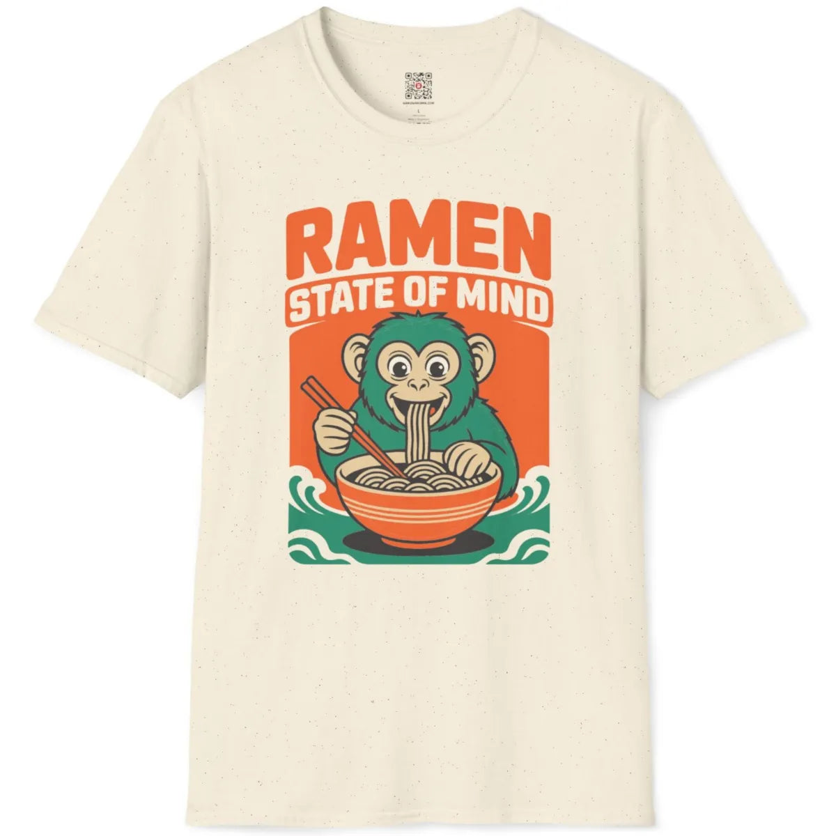 Natural t-shirt flatlay featuring cheerful cartoon monkey eating ramen, whimsical animal, happy vibe, ramen shirt.