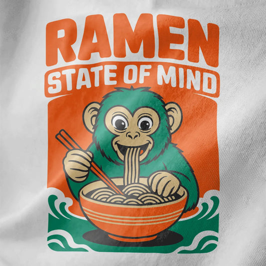 Cheerful teal monkey eating ramen, white shirt fabric detail, playful cartoon t-shirt, vibrant style.