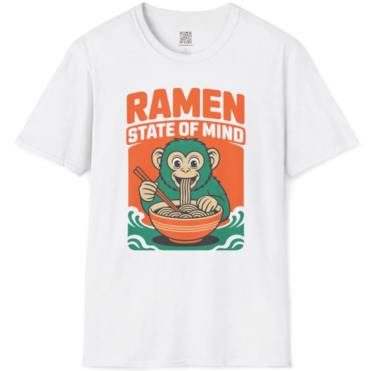 White flat t-shirt with lively monkey ramen design, cute illustration, clean lines, vibrant style.