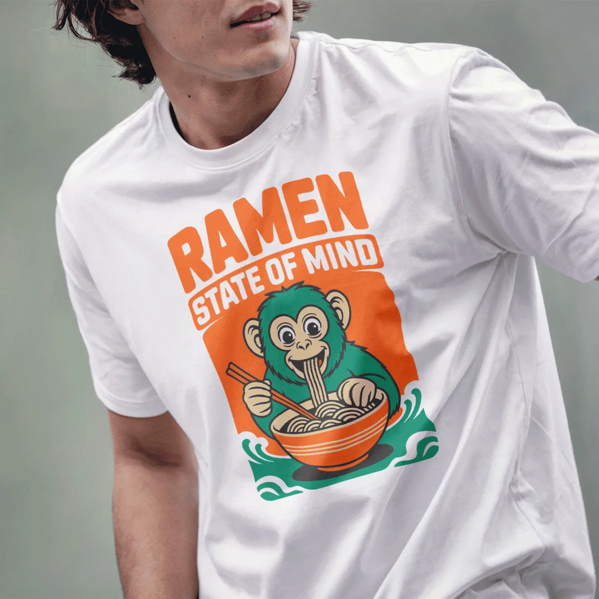 Smiling monkey with ramen and chopsticks, male model in white tee, whimsical animal, ramen t-shirt, happy vibe.