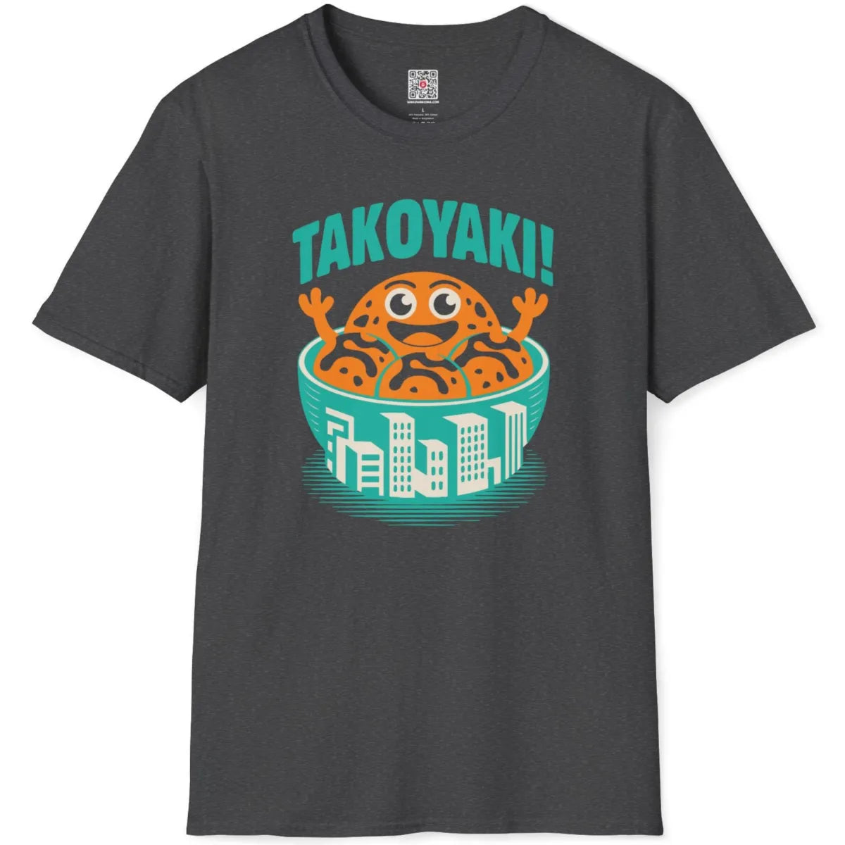 Dark heather t-shirt flatlay with whimsical takoyaki character and bold teal lettering.
