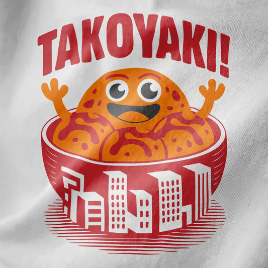 Close-up of white fabric showing vibrant takoyaki bowl with happy character and cityscape design.
