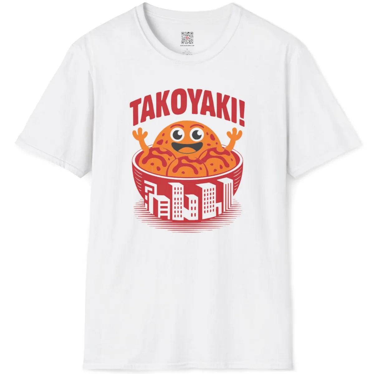 White t-shirt flatlay displaying cartoon takoyaki balls with rich sauce and urban bowl art.