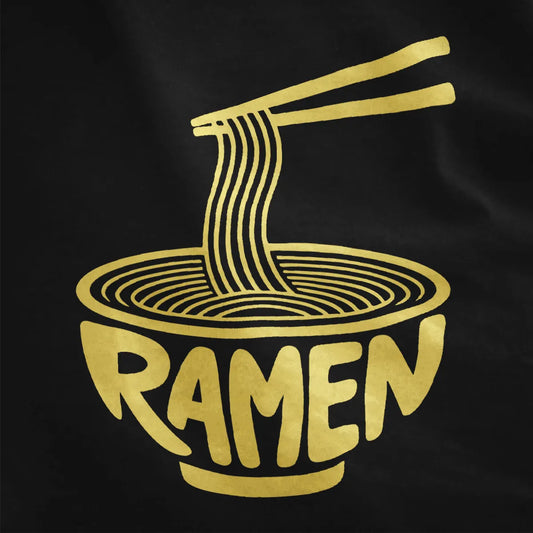 Close-up of black fabric featuring red bold ramen bowl graphic with playful noodle details.