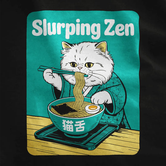 Black fabric close-up showing cat wearing vibrant red kimono, holding ramen with chopsticks.