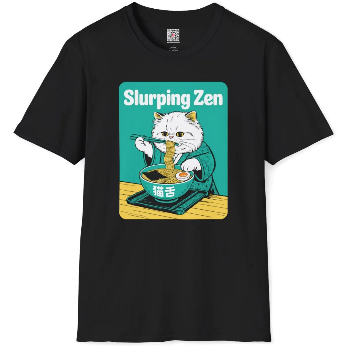 Flatlay of black t-shirt with playful cat in red kimono slurping noodles, ramen and zen design.