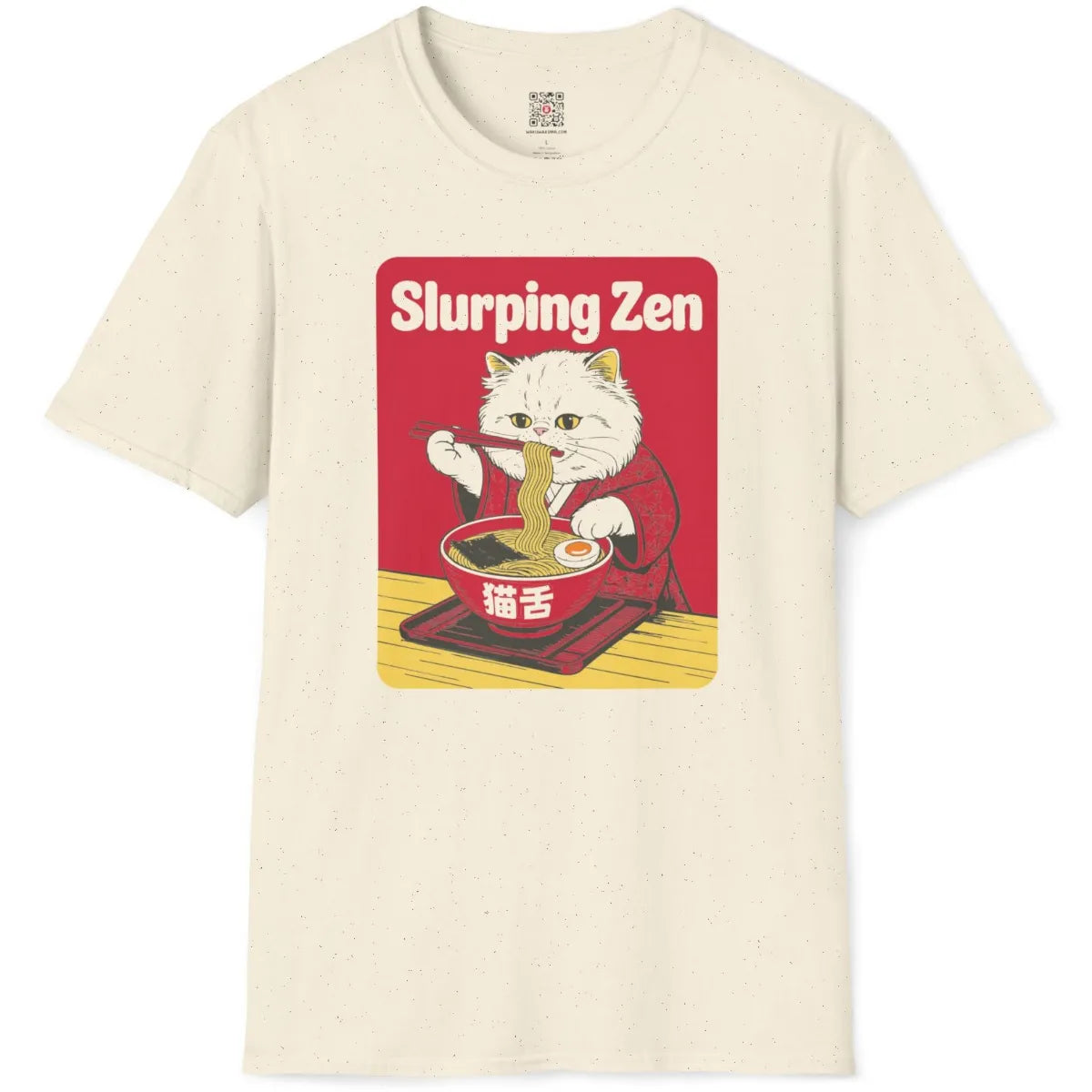 Natural color t-shirt flatlay featuring kawaii white cat in red kimono with ramen bowl.