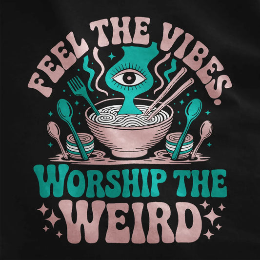 Black fabric close-up with bold psychedelic ramen design featuring noodle bowl and playful eye vase.