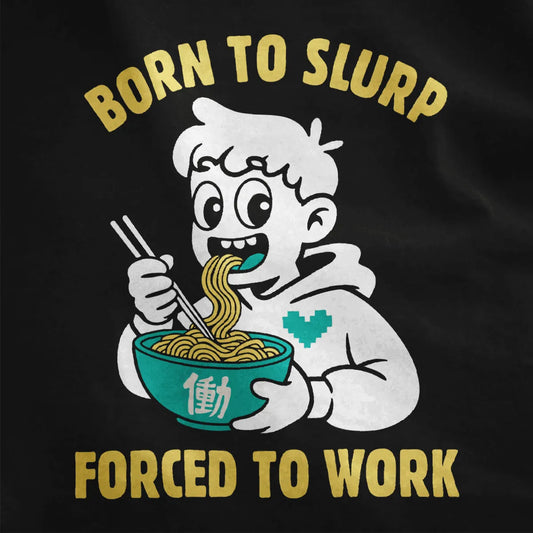 Close-up of black fabric featuring retro ramen graphic cartoon and bold typography in orange and white.