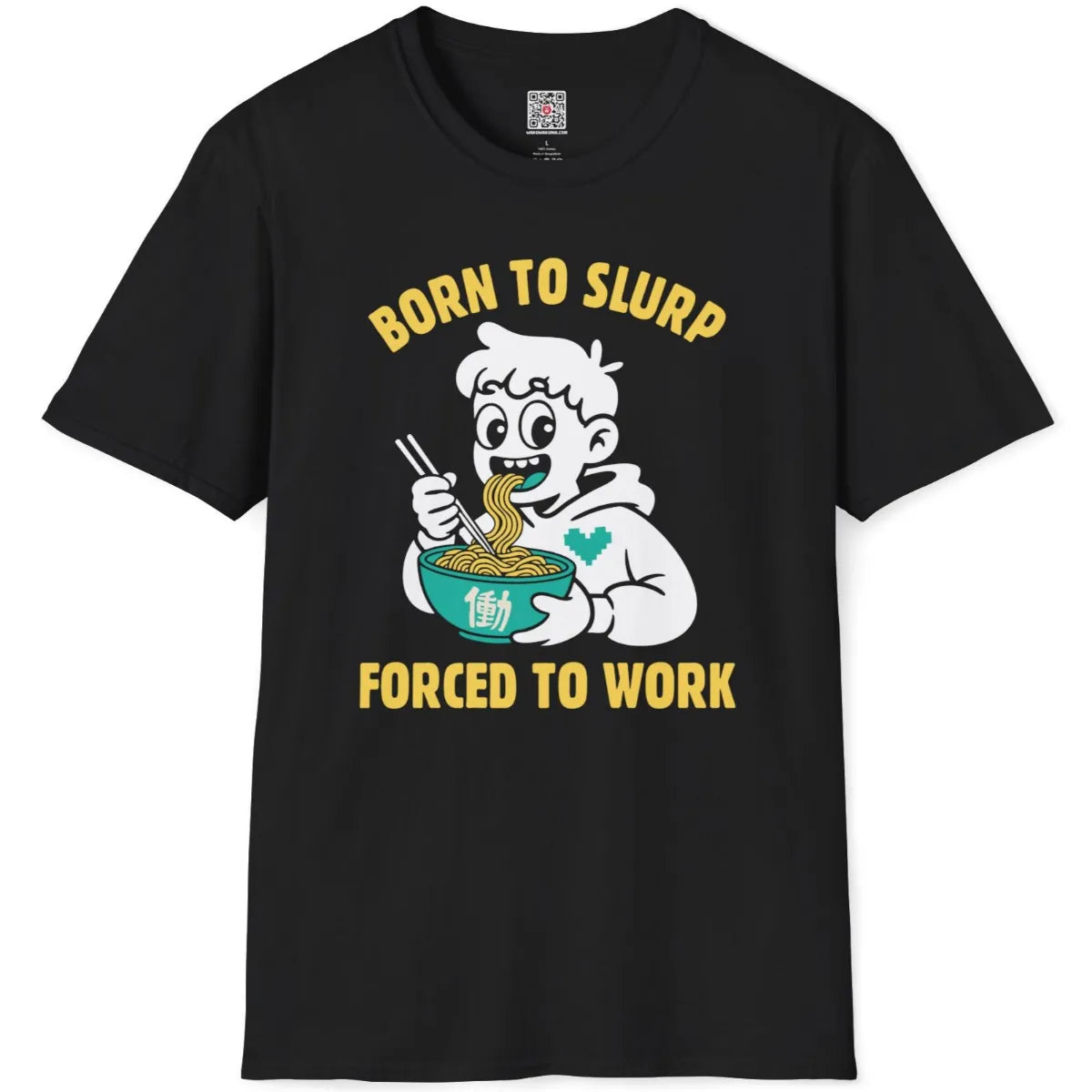 Black t-shirt flatlay with nostalgic ramen cartoon, bold font, and orange noodle bowl graphic.