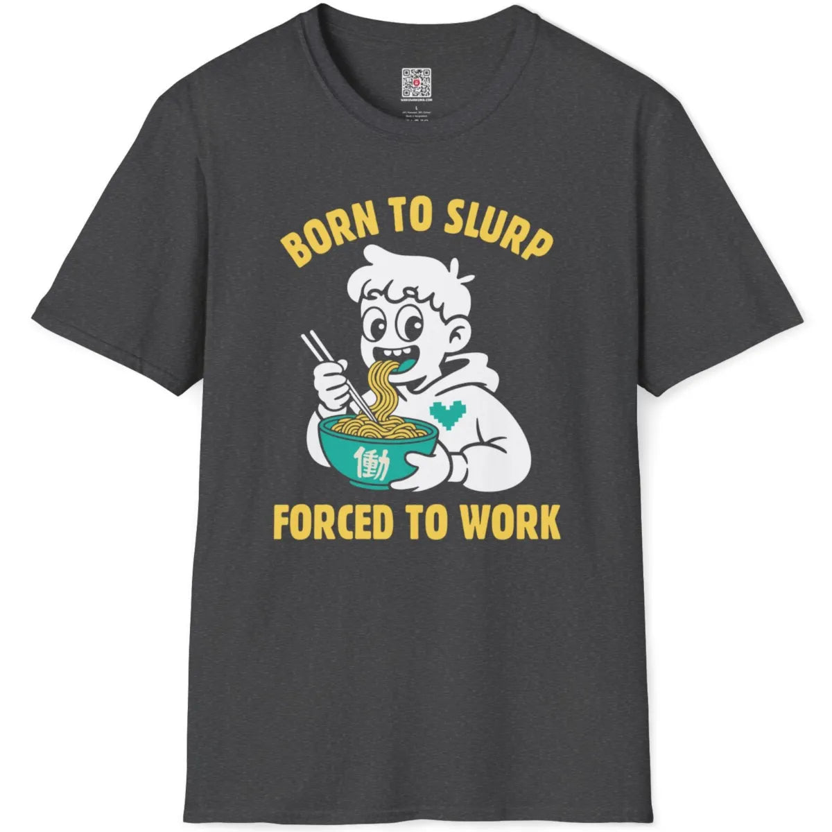 Dark heather t-shirt flatlay featuring vintage cartoon ramen eater with orange bowl and humorous quote.