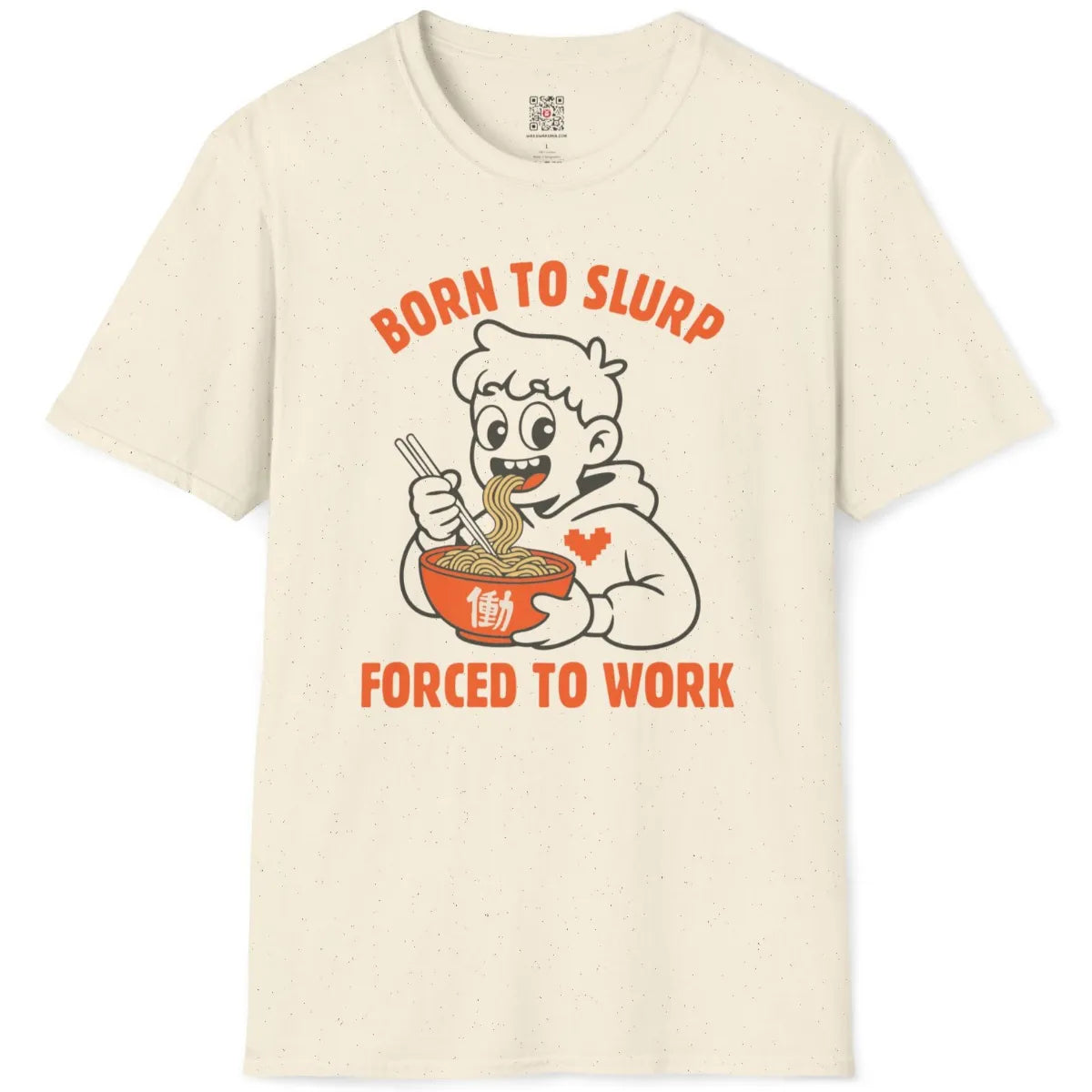 Natural color t-shirt flatlay showing gaming-inspired ramen slurping cartoon and bold typography.