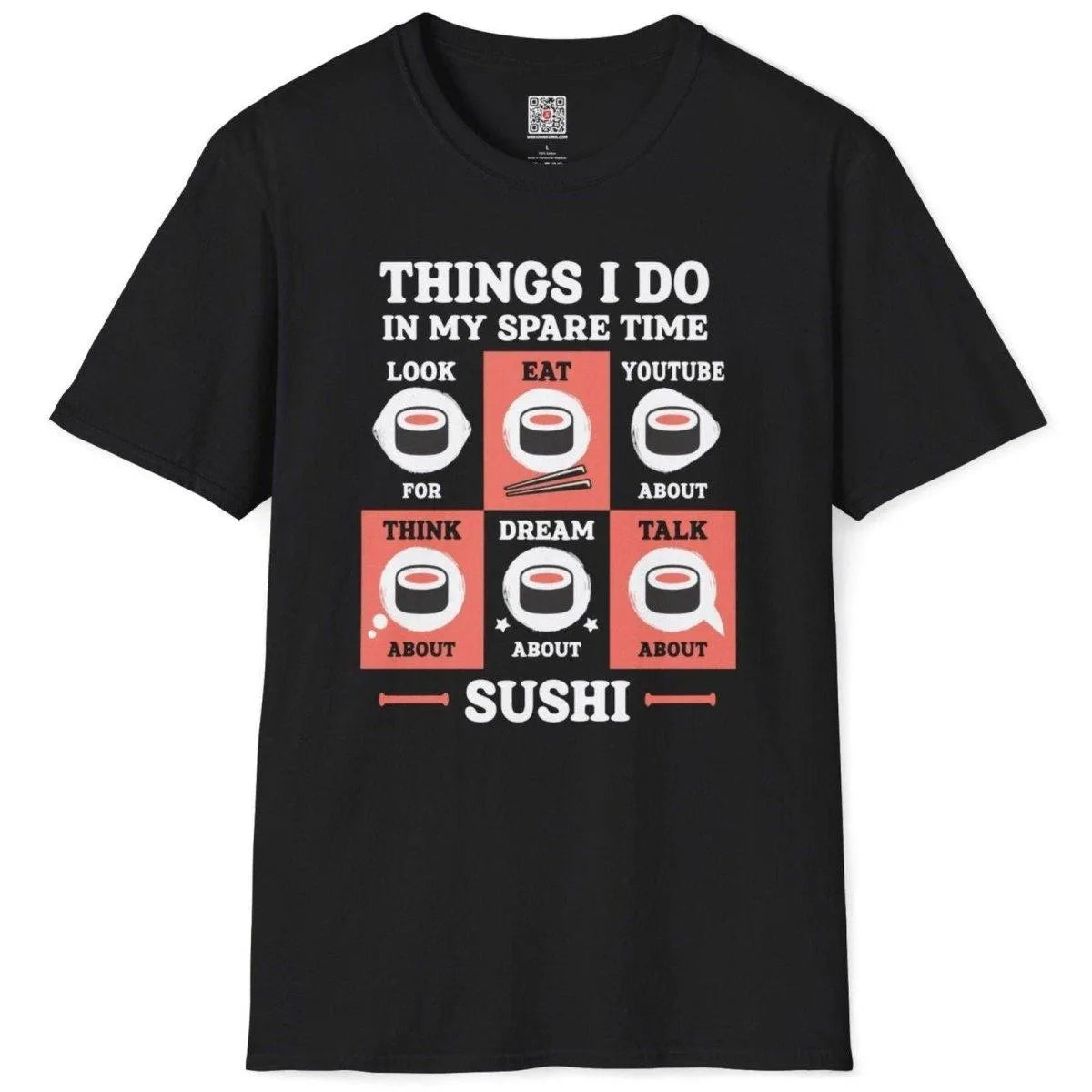 Flatlay of black sushi t-shirt with grid pattern, coral and charcoal squares, and bold sushi typography.