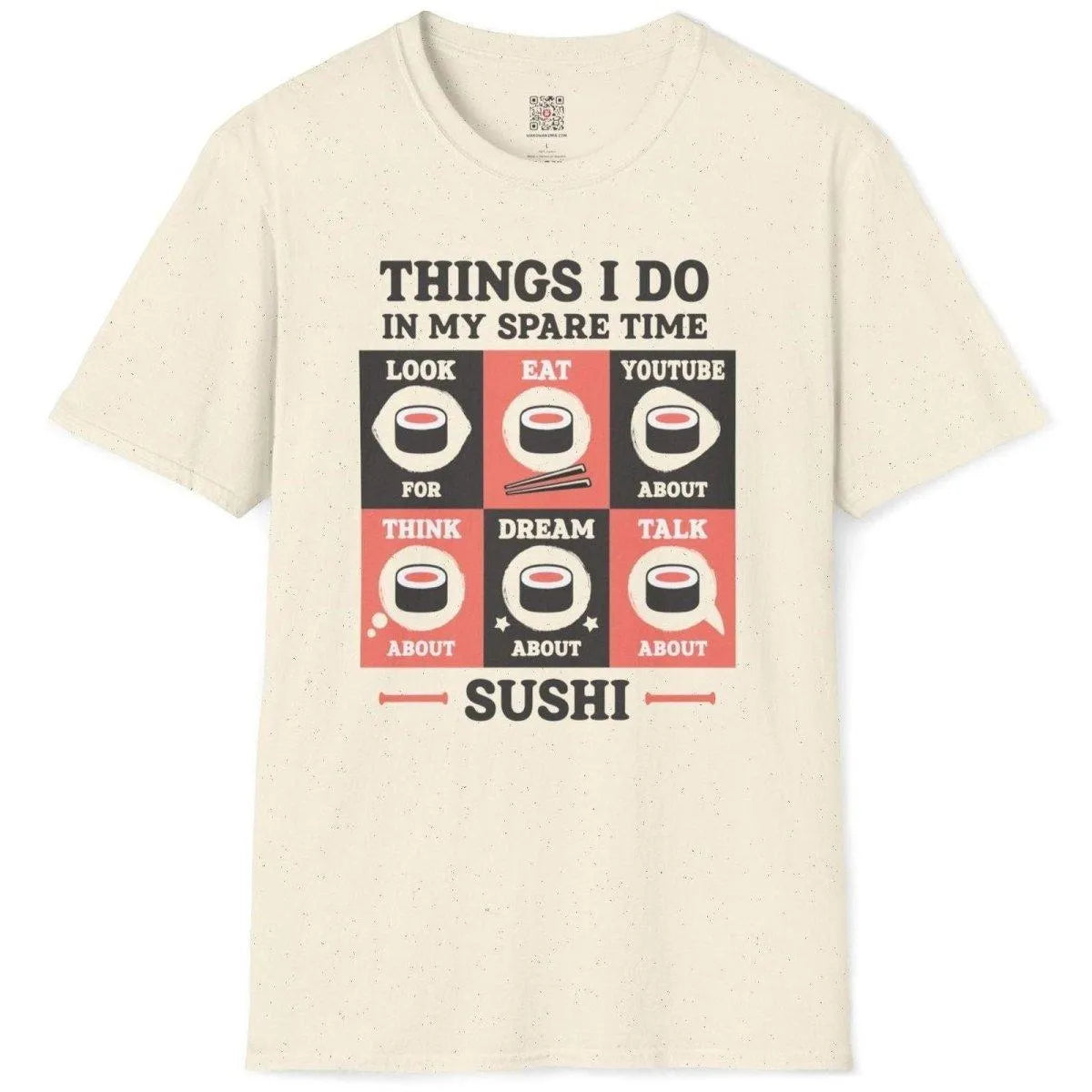 Flatlay of natural sushi t-shirt with grid design, coral and charcoal blocks, and sushi roll graphics.