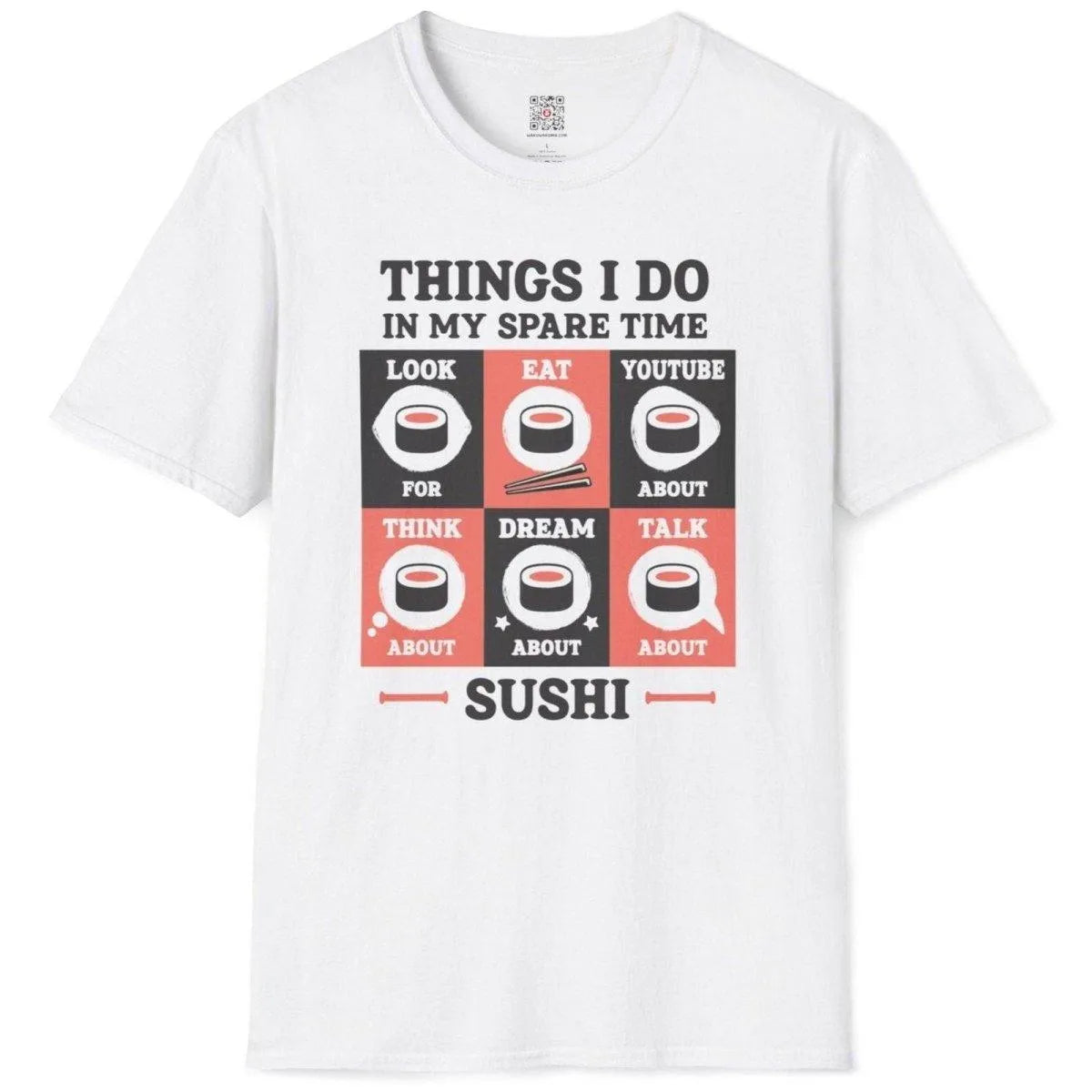 Flatlay of white sushi t-shirt featuring playful sushi grid, bold text, and minimalist sushi rolls.