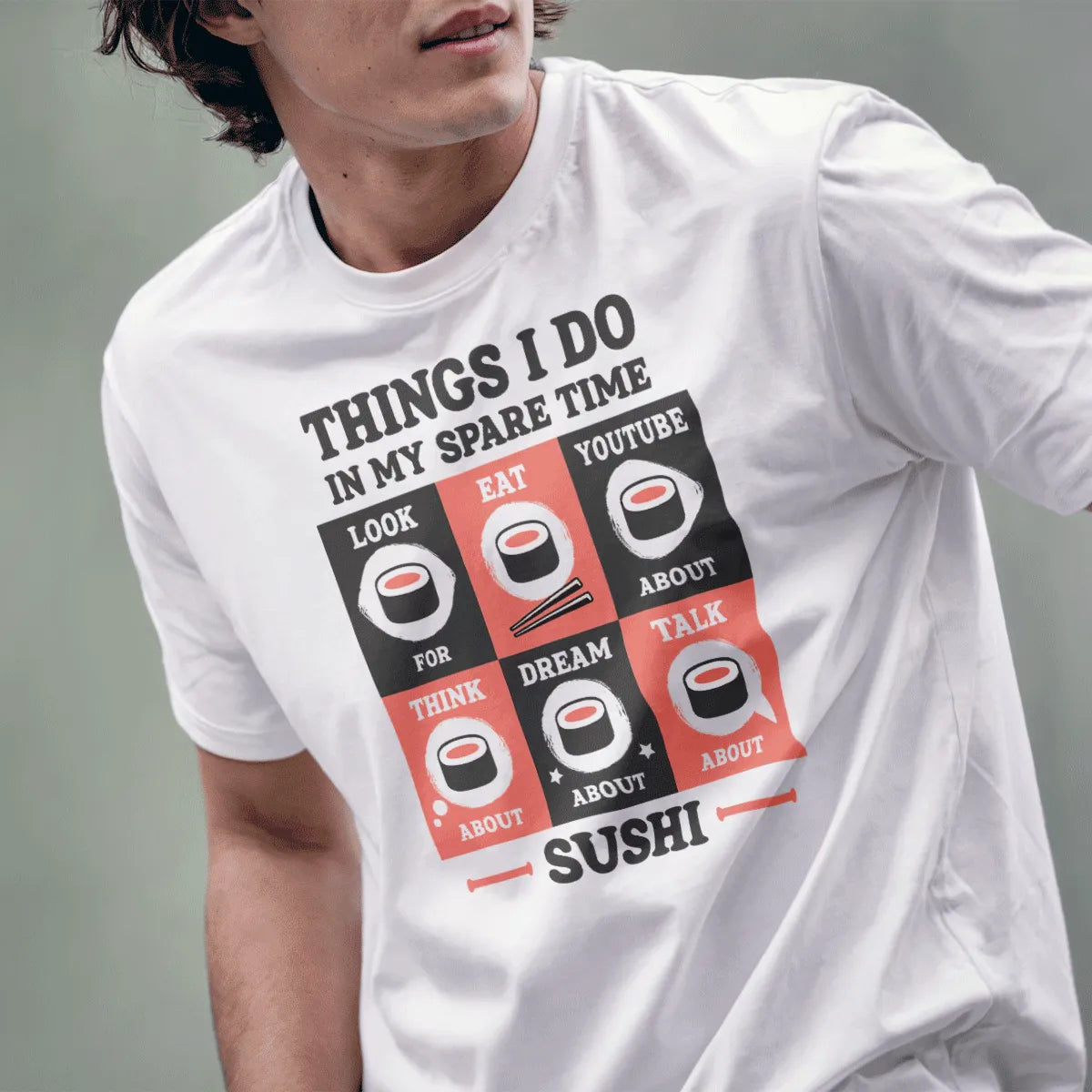 Male model in white graphic sushi t-shirt with grid design, bold text, and minimalist sushi art.