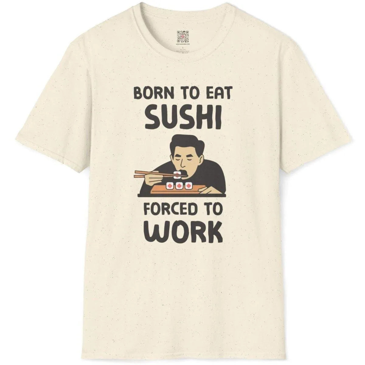 Flatlay natural t-shirt with man enjoying sushi, bold text, and pink accents, sushi t-shirt, phrase motivation.