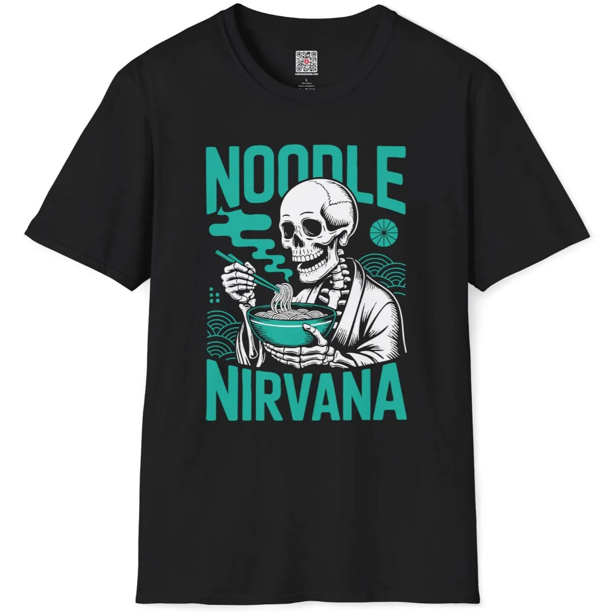 Black t-shirt flatlay with skeleton ramen design and bold orange "NOODLE NIRVANA" text.