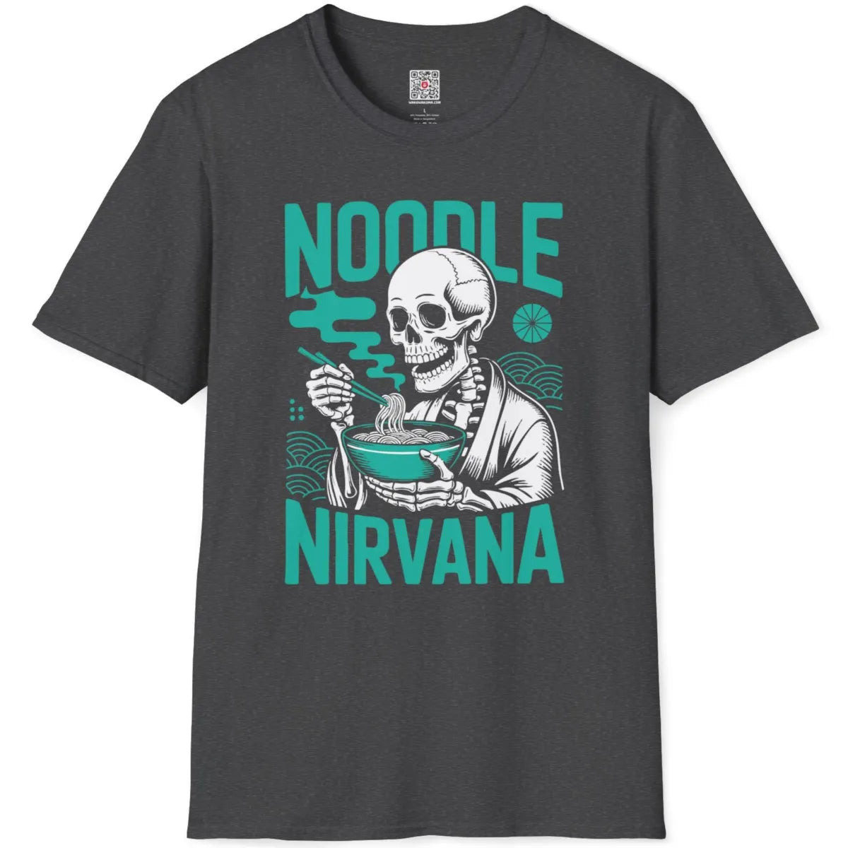 Dark heather t-shirt flatlay featuring vintage-style skeleton savoring ramen in orange bowl.