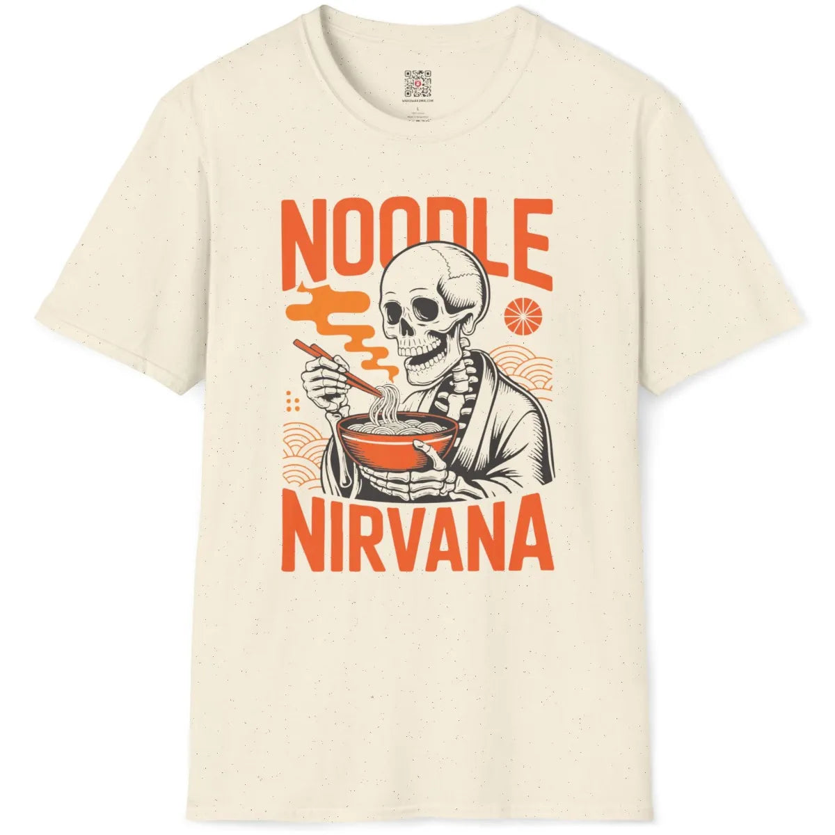 Natural color t-shirt flatlay with bold skeleton ramen noodle art and Japanese wave accents.