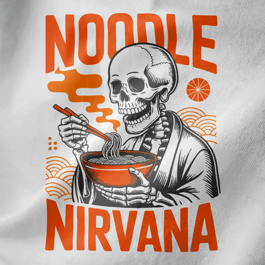 Close-up of white fabric with detailed skeleton ramen bowl design and bold orange text.
