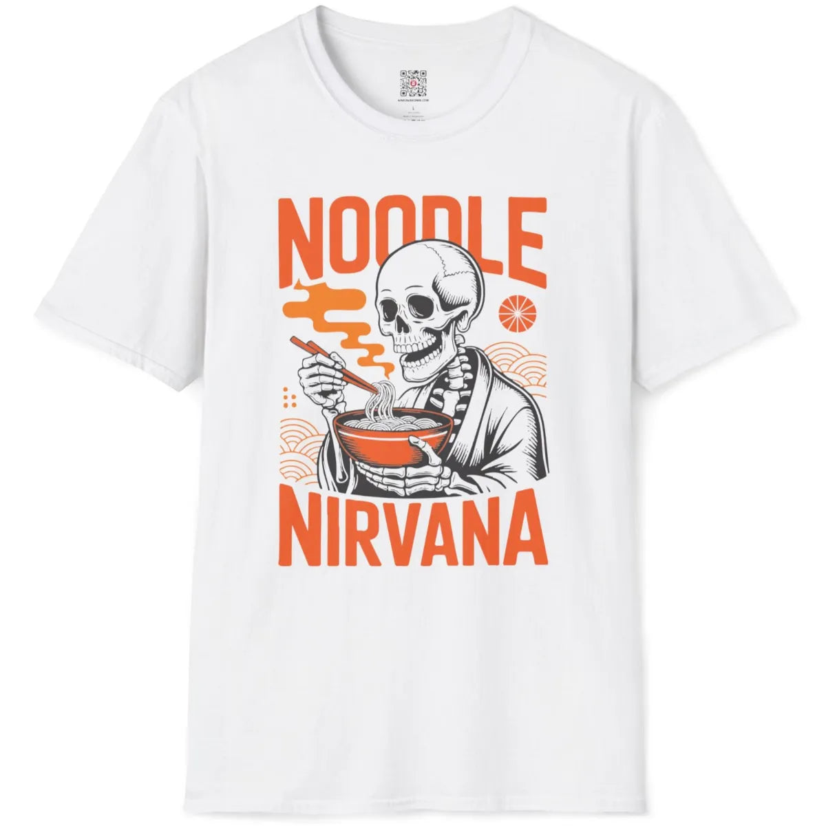 White t-shirt flatlay displaying layered skeleton ramen graphic and stylized Japanese waves.
