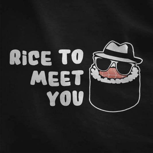 Close-up of playful sushi in fedora and sunglasses on black shirt, bold typography, sushi t-shirt design.