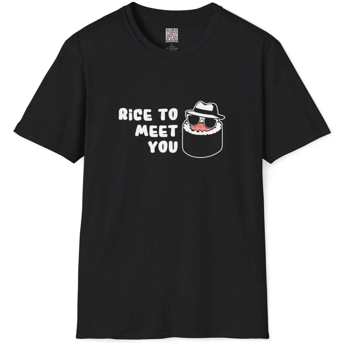 Black flatlay t-shirt featuring kawaii sushi with fedora, sunglasses, and bold sushi pun text, graphic design t shirt.
