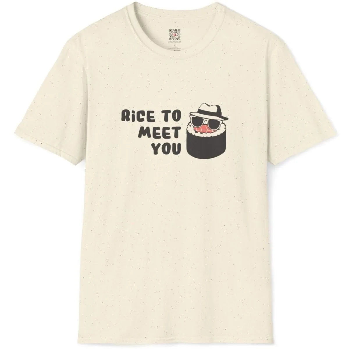 Natural flatlay t-shirt showing quirky sushi in fedora, sunglasses, and bold sushi pun, cultural fusion style.