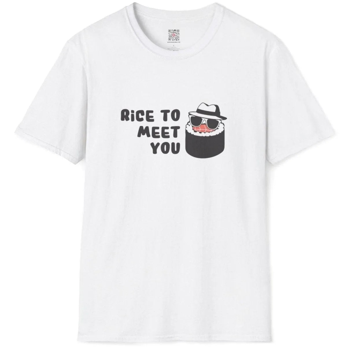 White flatlay t-shirt with cartoonish sushi in fedora, sunglasses, and playful "RICE TO MEET YOU" slogan, sushi art.