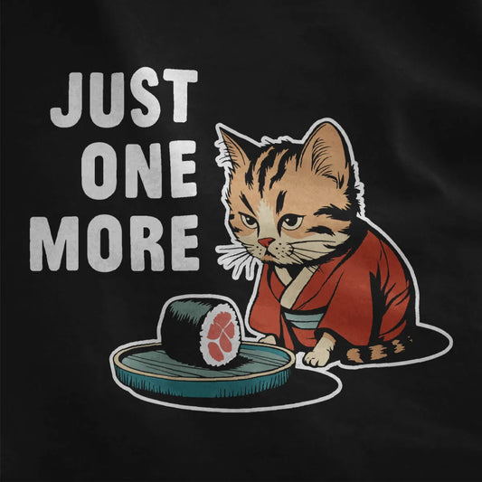 Orange tabby cat in red kimono with sushi and "JUST ONE MORE" text on black fabric, funny cat shirt, sushi t-shirt.