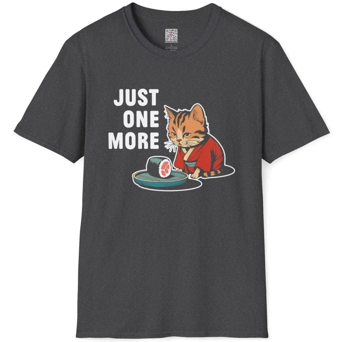 Dark heather t-shirt flatlay featuring playful kimono cat, sushi, and "JUST ONE MORE" quote, cat shirts, sushi t-shirt.