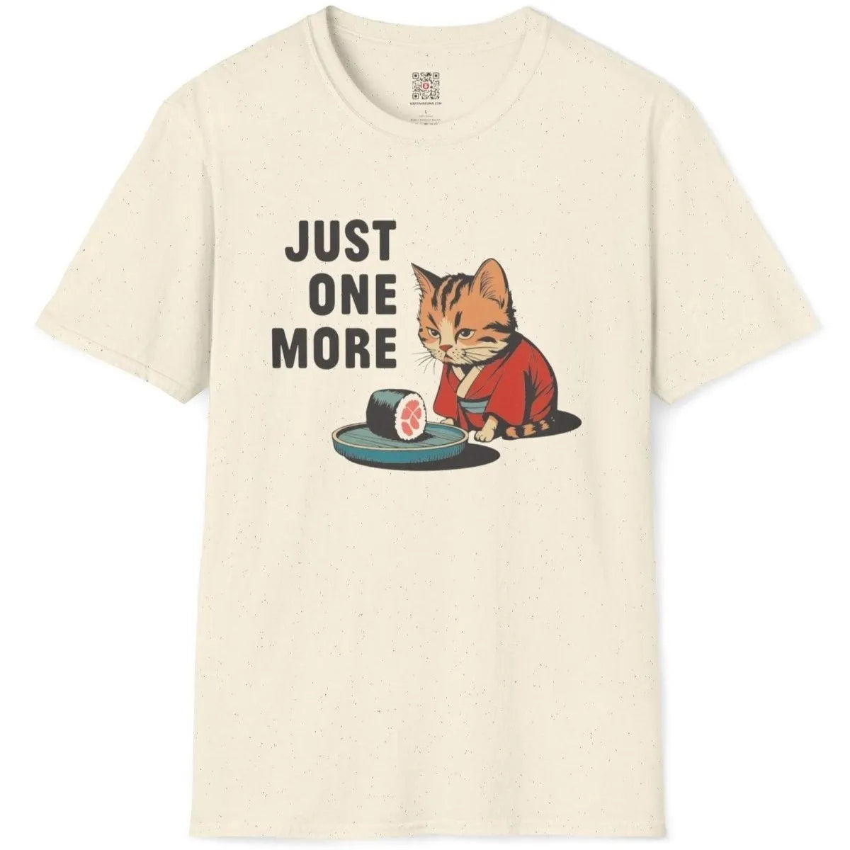 Natural flatlay t-shirt with vibrant kimono cat, sushi, and "JUST ONE MORE" text, japanese inspired clothes.